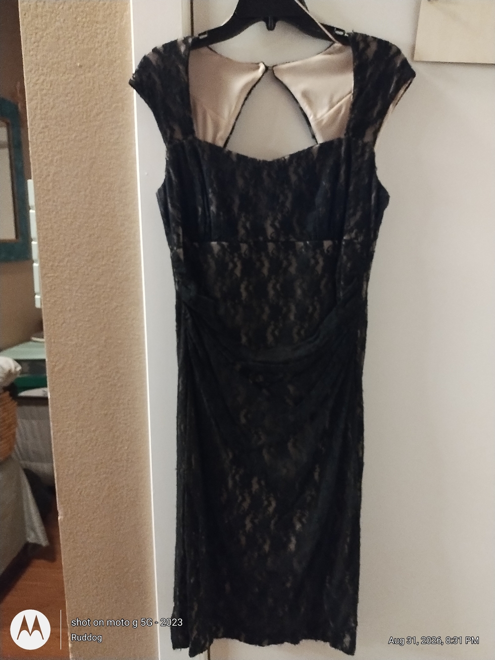 Maggy London Black Lace Midi Dress with Nude Lining Accent